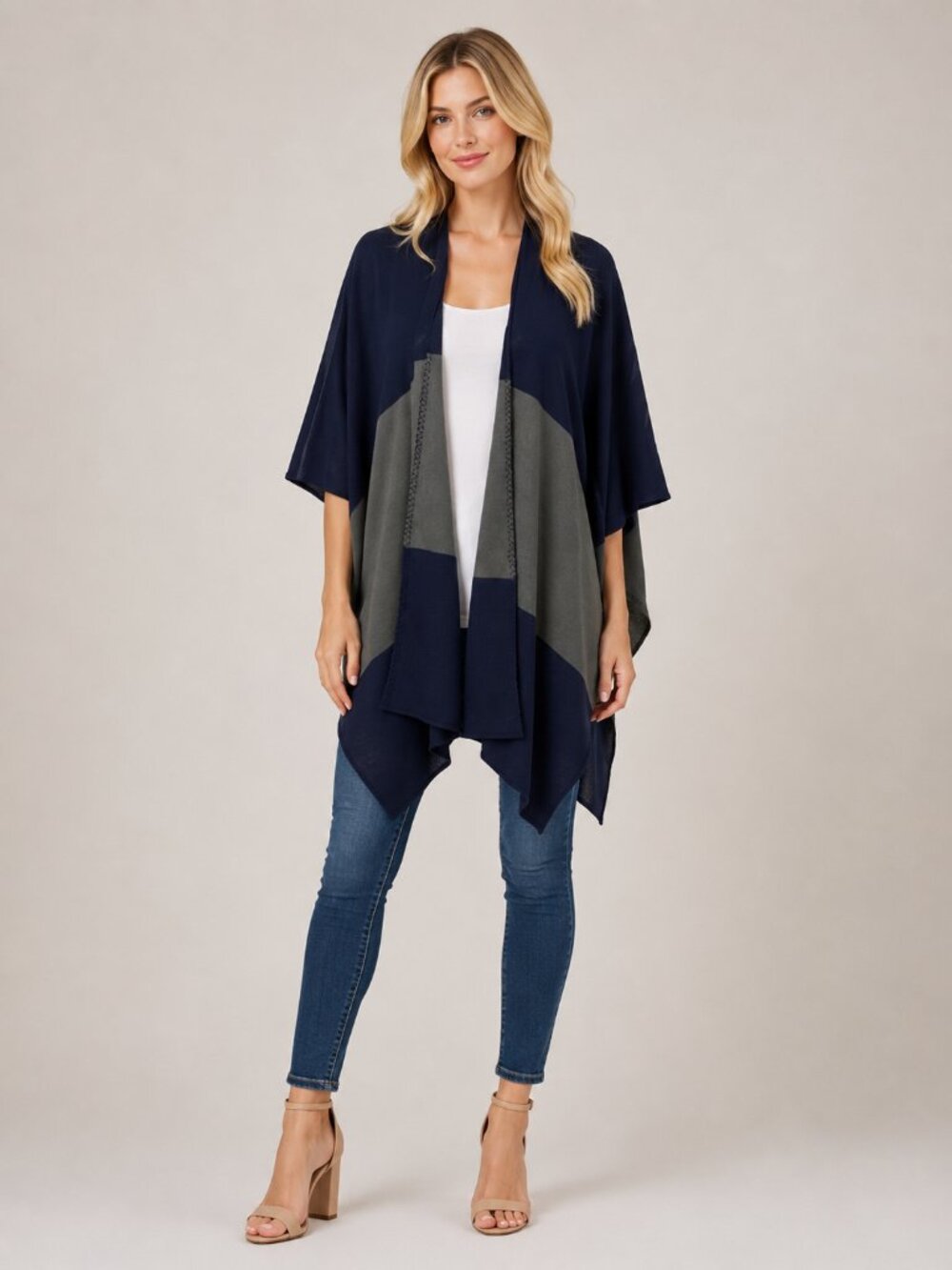 St. John Blue Gray Colorblock Knit Open Front Sweater Poncho One Size #9456